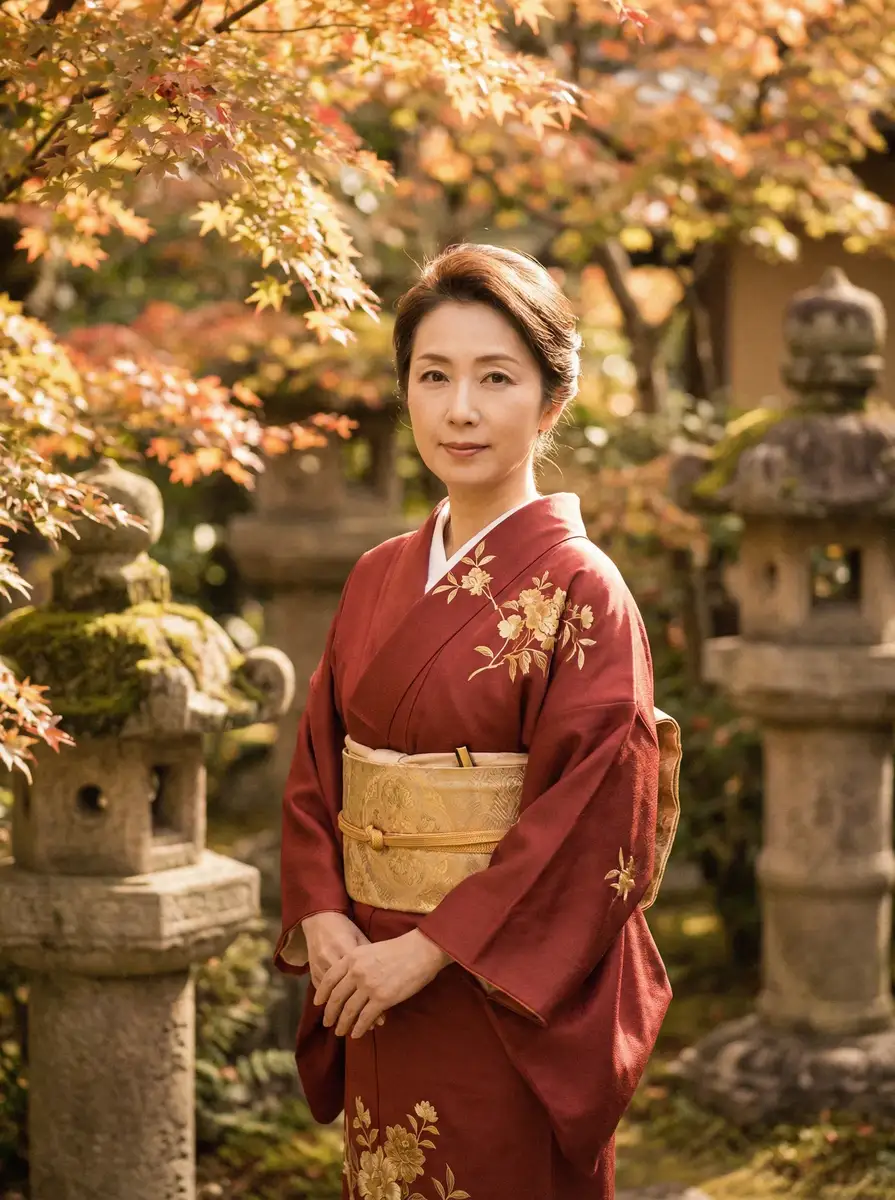 一位身穿暗红色和服的优雅 乖乖塞着今天不许拿出来 在日式庭院中